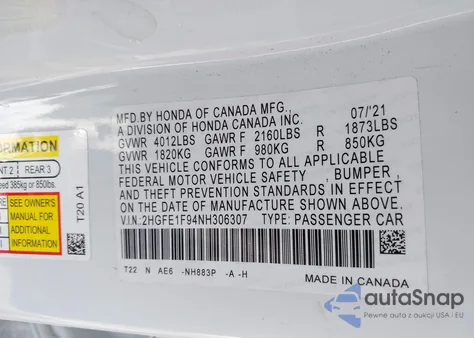 2022 Honda Civic Touring из США, поврежденный, VIN 2HGFE1F94NH306307